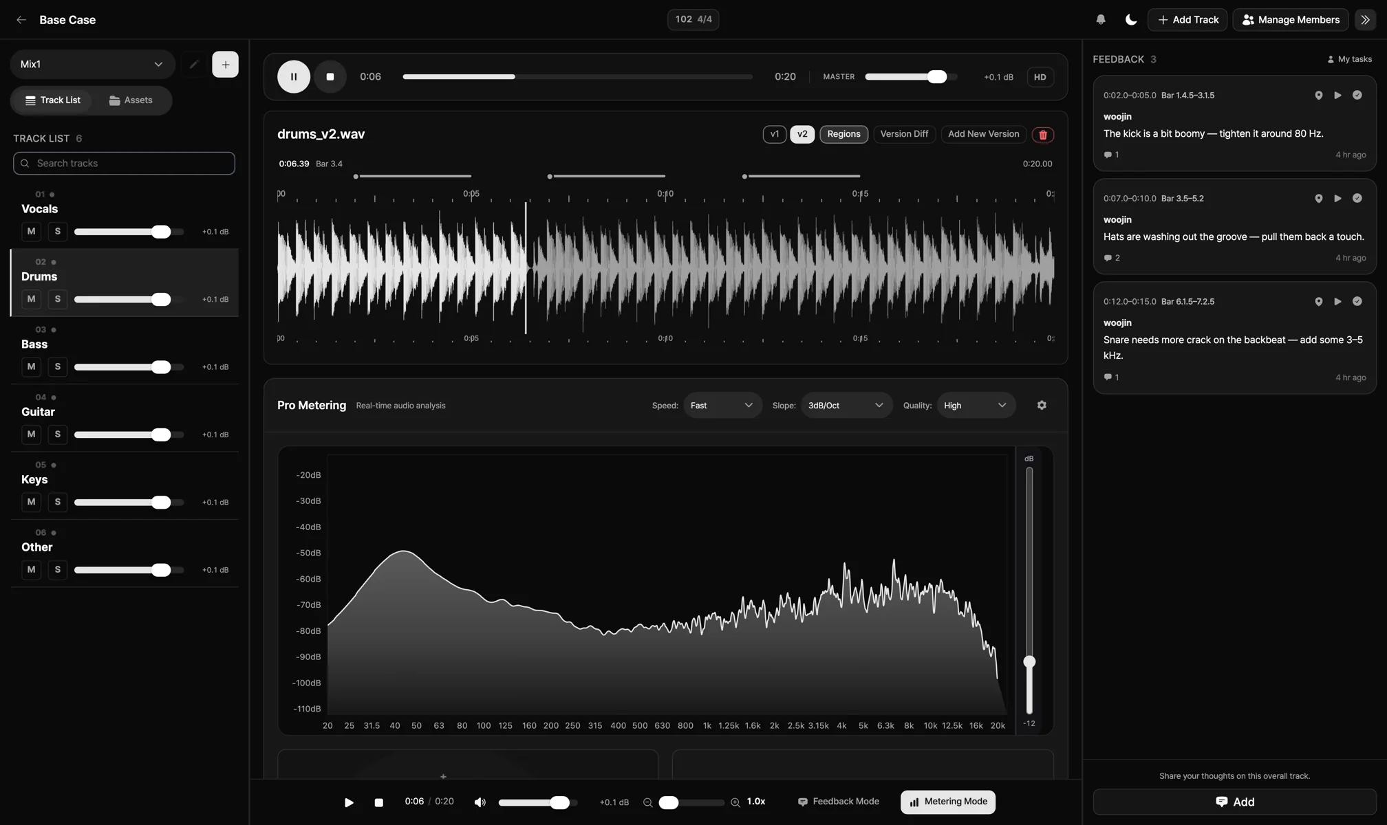 MixLab 워크스페이스 — 멀티트랙, 프로 미터링, 구간 피드백
